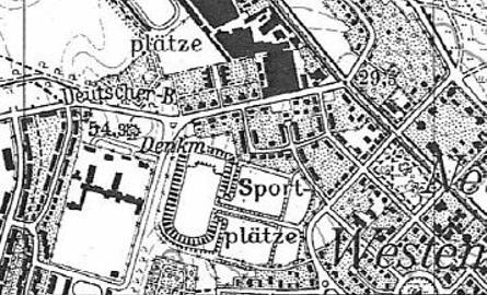 Plan Pogodna z 1938 roku na którym widać zaznaczone obiekty sportowe w rejonie szpitala (Sportplatze) między Laubenkolonie a Deutscherberg (obecne Wzgórze