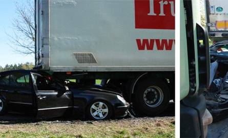 Mercedes wbił się pod ciężarówkę. Groźnie wyglądająca kolizja w okolicach Człuchowa