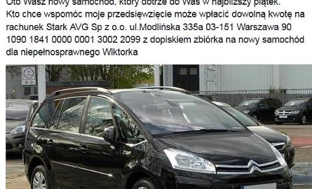 Wpis Zbigniewa Stonogi na portalu społecznościowym, w którym deklaruje przekazanie pani Izie samochodu.