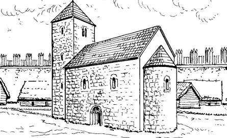 Kościół grodowy z pierwszej połowy XII w. Z wieżą miał 24,5 m długości i 10 m szerokości. Wieża sięgała 21 metrów.