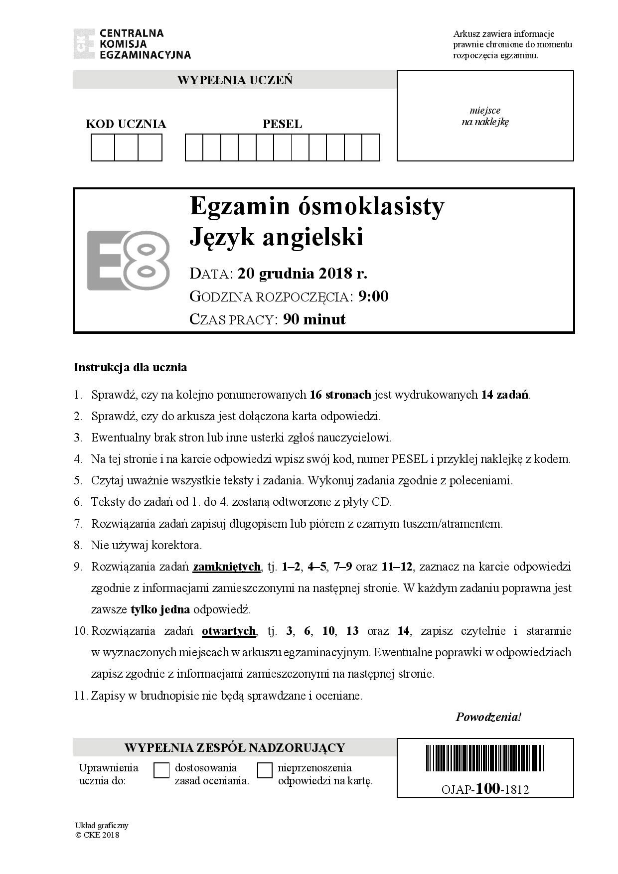 Testy Język Angielski Klasa 6 Próbny egzamin ósmoklasisty 2018: Język angielski [ODPOWIEDZI, ARKUSZE
