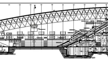 Trybuny będą okalały parkiet z czterech stron, główna będzie dużo wyższa od pozostałych (patrz, na projekcie wyższy dach z prawej).