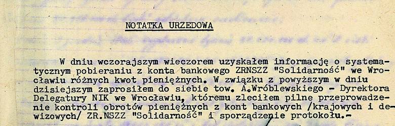 Notatka  w aktach sprawy Józefa Piniora sporządzona przez prokuratora Wiesława Śliwę. Po 1989 roku w dyspozycji UOP, dziś w IPN.