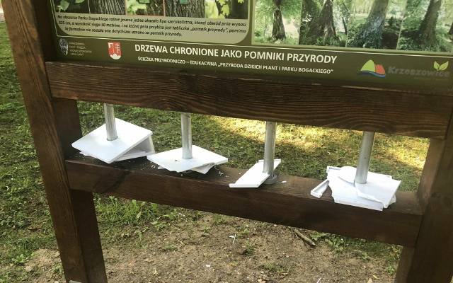 Wandale zniszczyli ścieżkę dydaktyczno-przyrodniczą w Krzeszowicach. Edukacyjne elementy rozrzucone nad rzeką na Dzikich Plantach