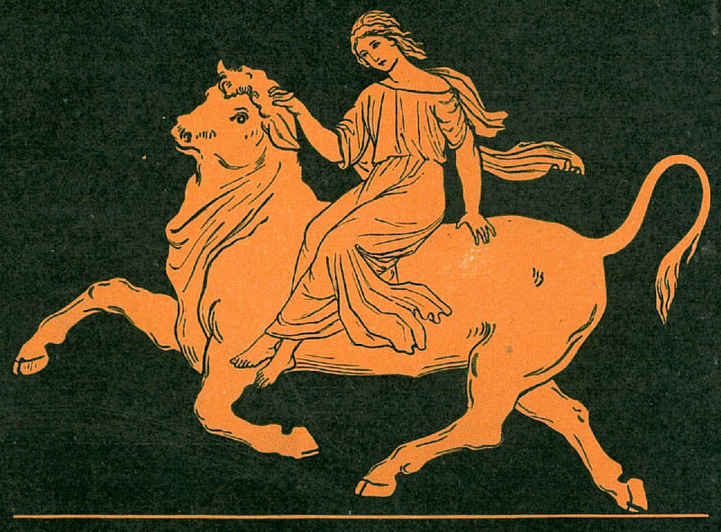 Na ilustracji widoczny jest Zeus pod postacią byka i...